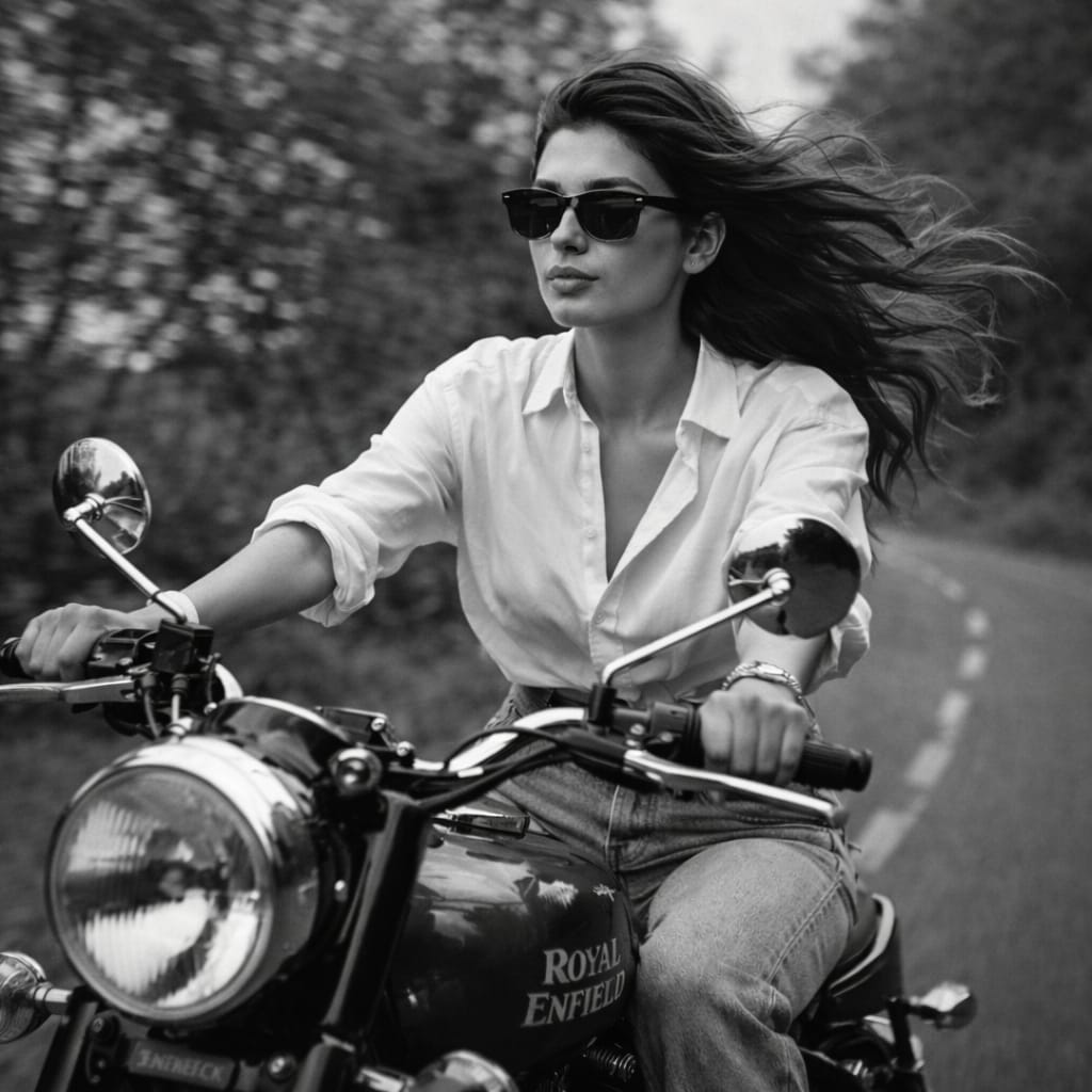 black-and-white Royal Enfield motorcycle