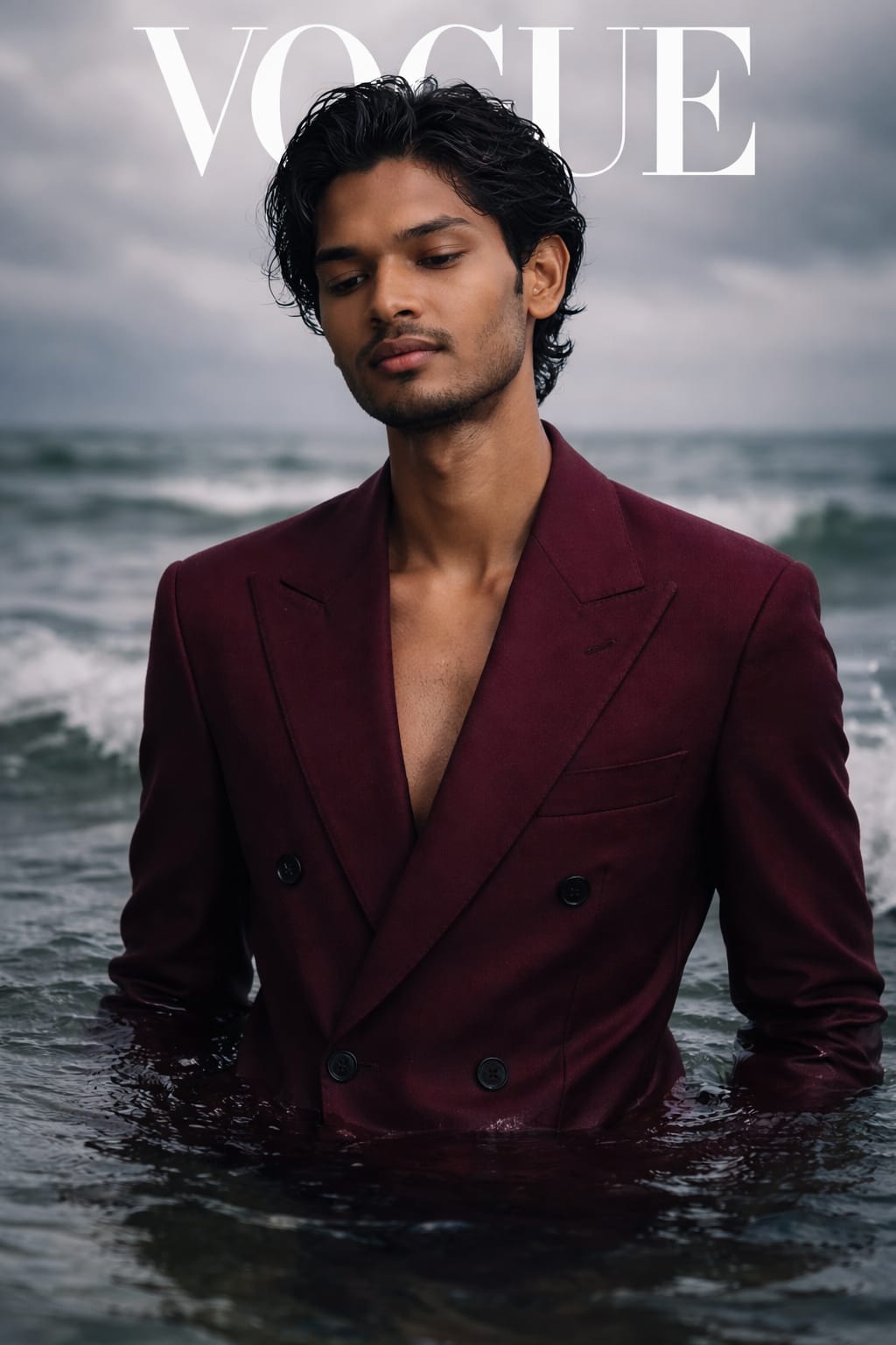 Midjourney Ai prompt for deep burgundy double-breasted suit