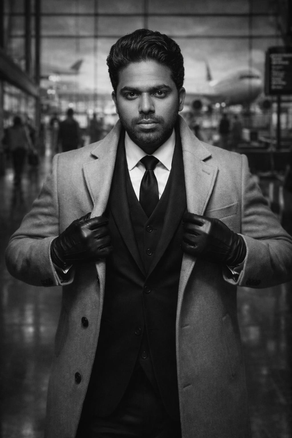 cinematic black and white portrait