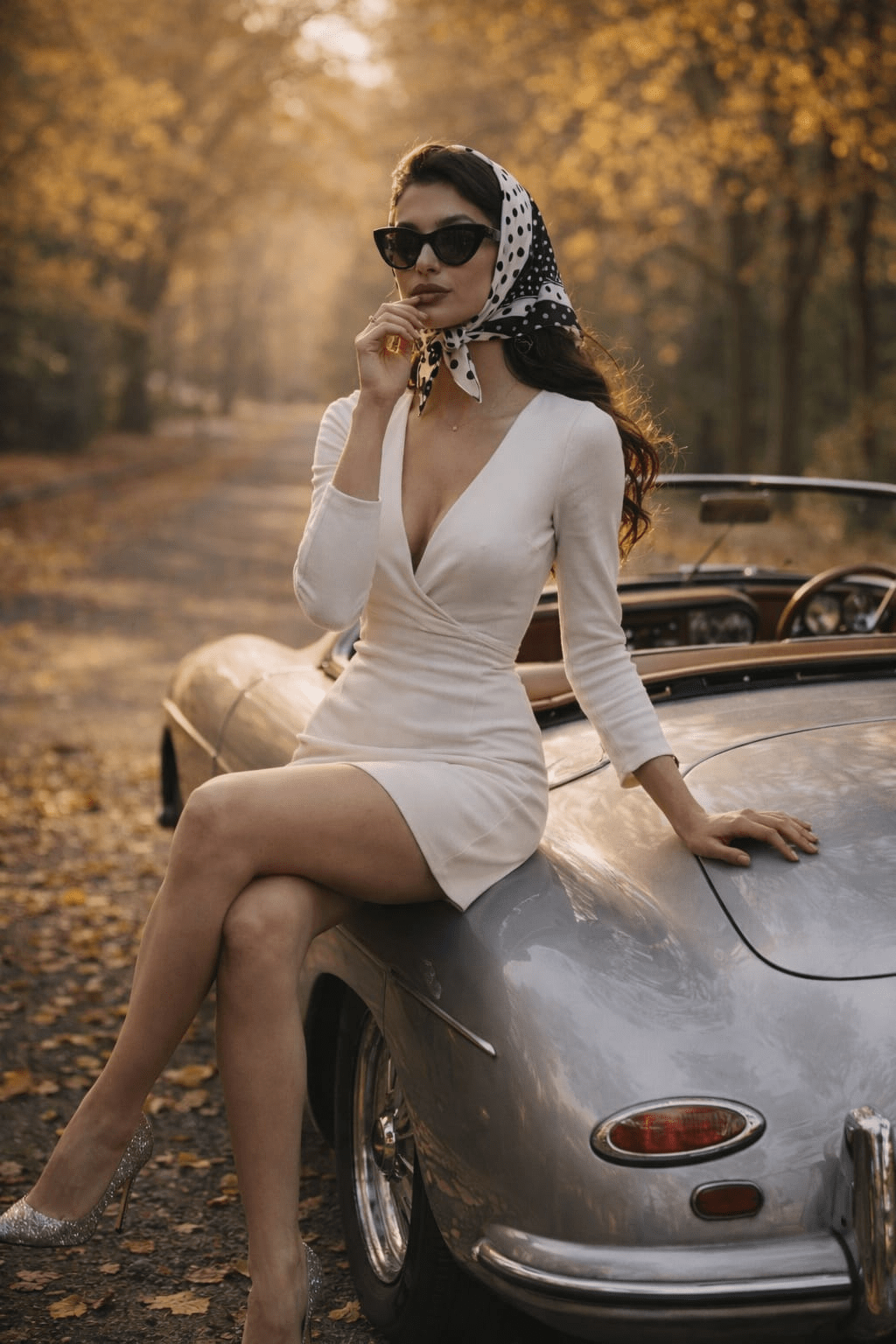 Midjourney Ai prompt for "A vintage silver 1950s European convertible sports car parked"