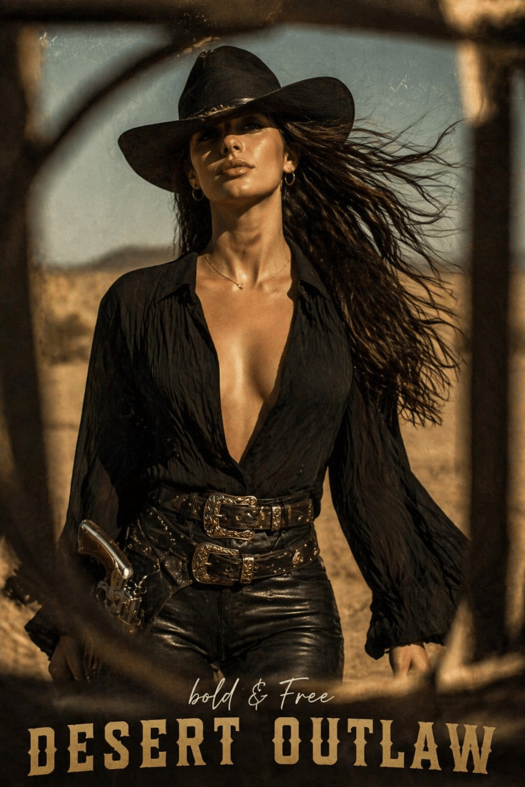 Midjourney Ai prompt for “a confident young woman standing in a sunlit desert landscape”