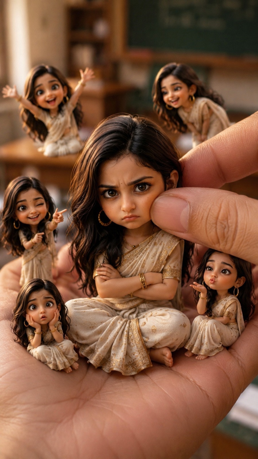 Hyper realistic miniature Indian doll sitting in a human palm with Pixar style cinematic look
