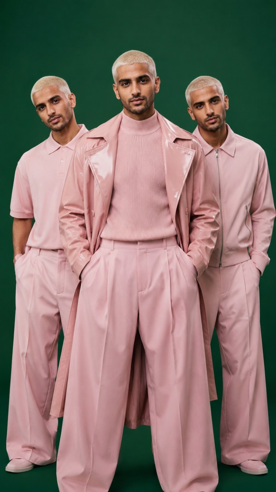 Ultra realistic luxury fashion editorial portrait of three identical clones wearing pastel pink designer outfits