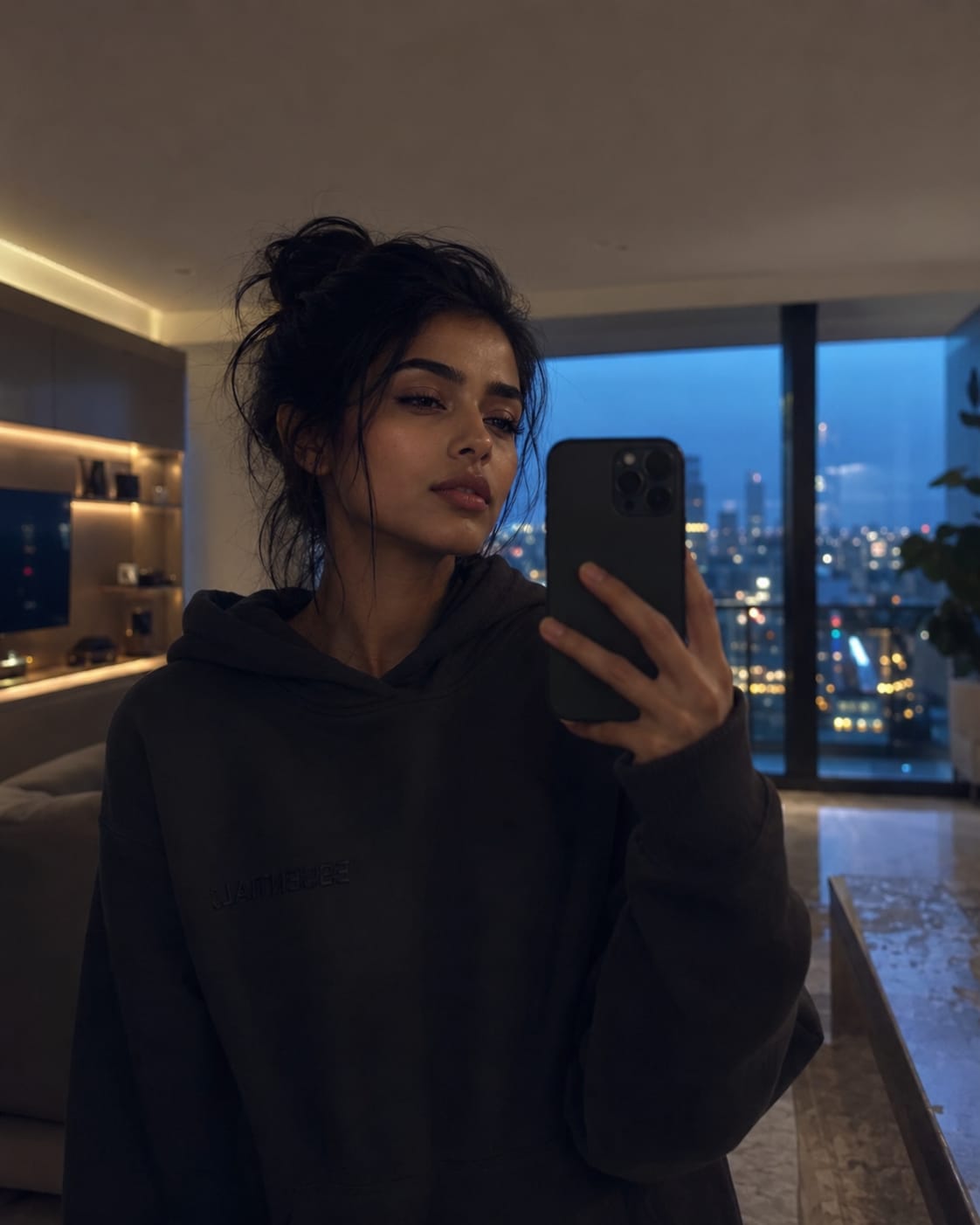 Ultra realistic cinematic mirror selfie of a stylish young woman in a luxury apartment during blue hour