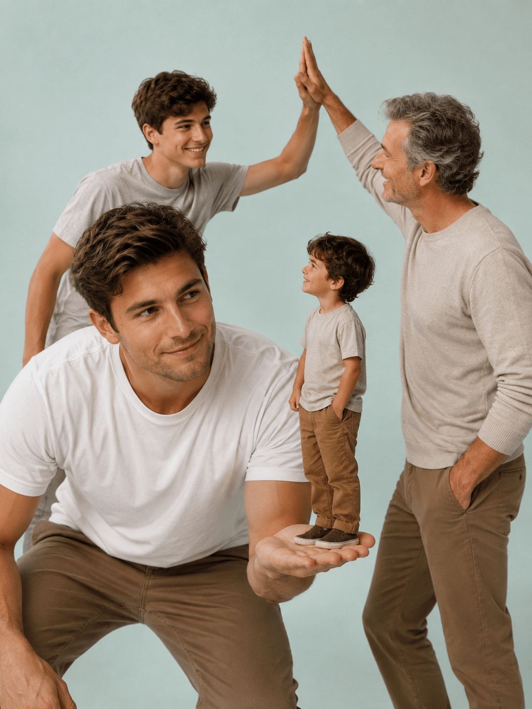 Ultra realistic forced perspective portrait of the same person appearing as child teenager adult and elderly version together in one cinematic frame