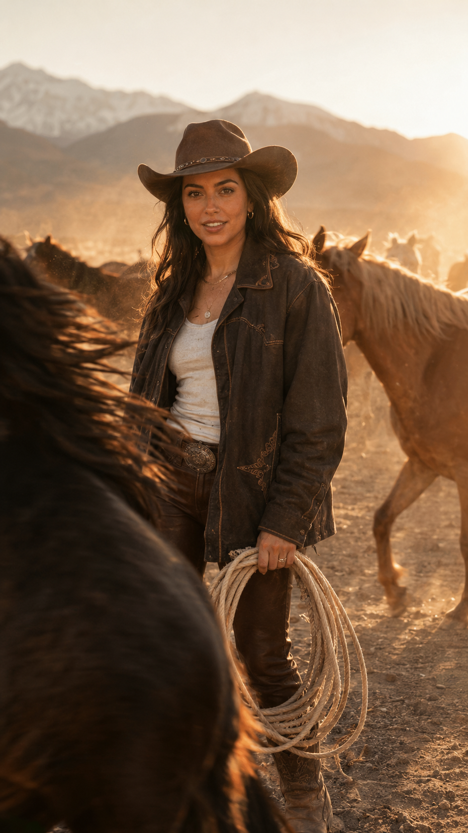 Ai prompt for Golden Hour Cowgirl With Wild Horses