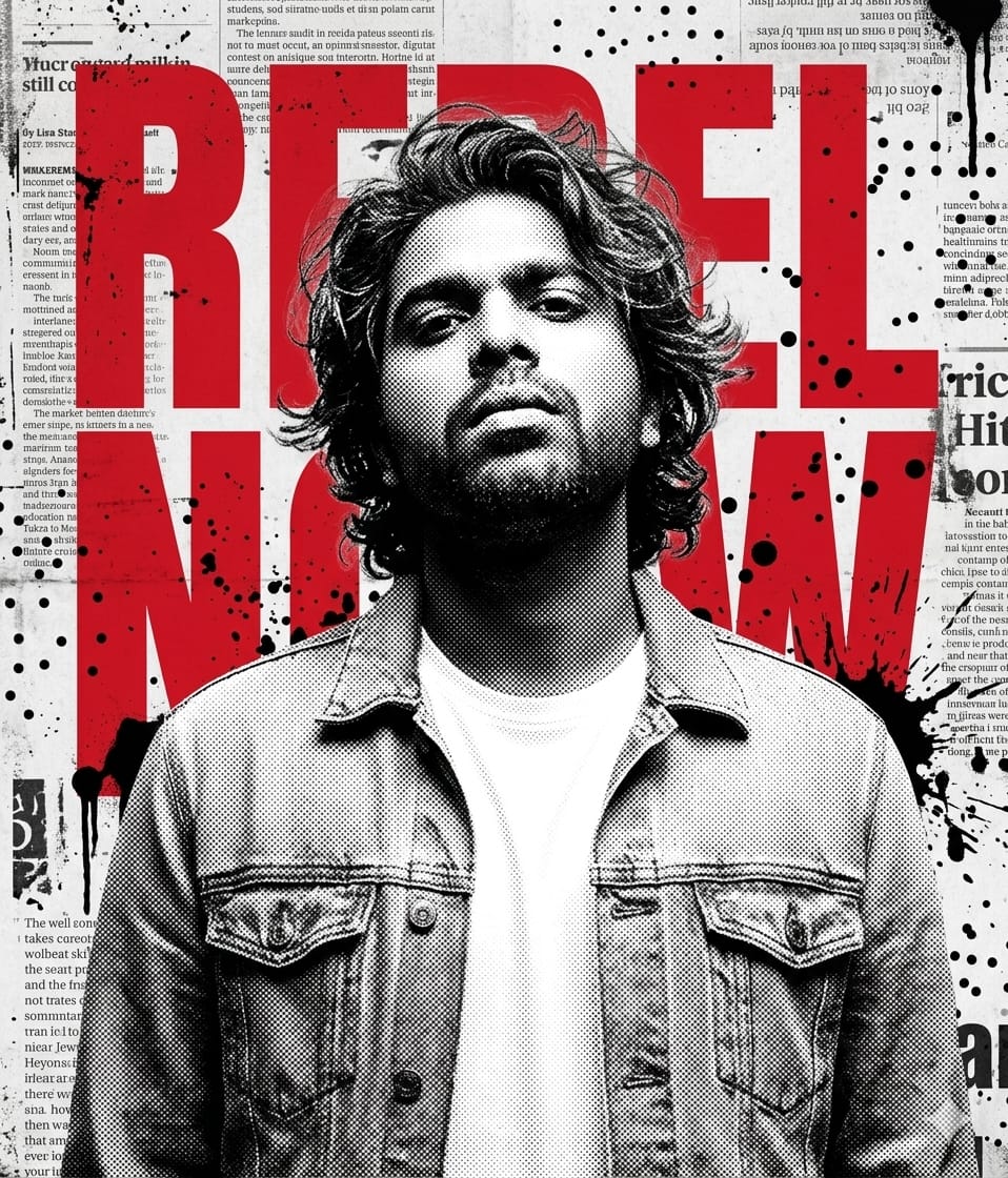 Grunge fashion magazine cover featuring a male model, red typography, newspaper collage textures, and black-and-white halftone editorial styling.