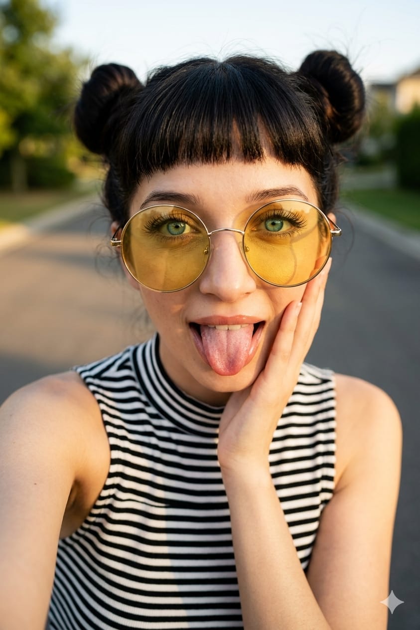 Fashion selfie portrait of a young woman with space buns, vintage sunglasses, and a playful expression during golden hour.