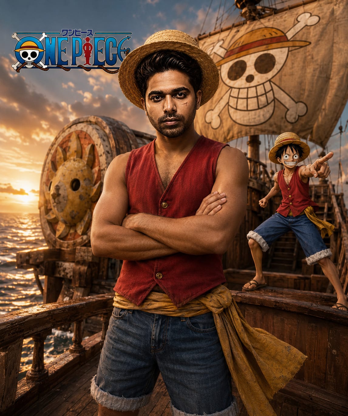 Realistic pirate-themed portrait inspired by Monkey D. Luffy standing on a ship deck during sunset with cinematic ocean scenery and adventure aesthetics.