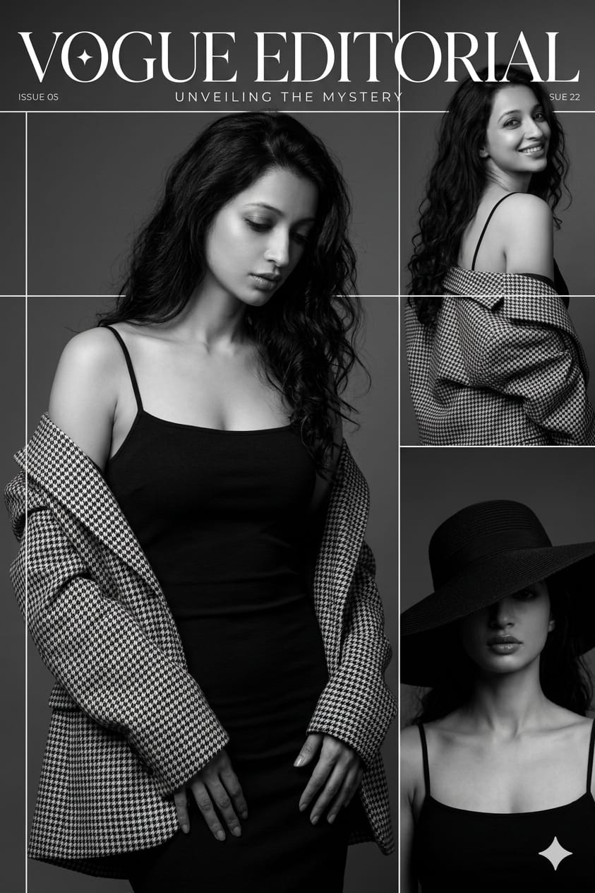 Luxury fashion editorial collage featuring a monochrome female portrait, Vogue-style magazine layout, dramatic studio lighting, and high-fashion styling.