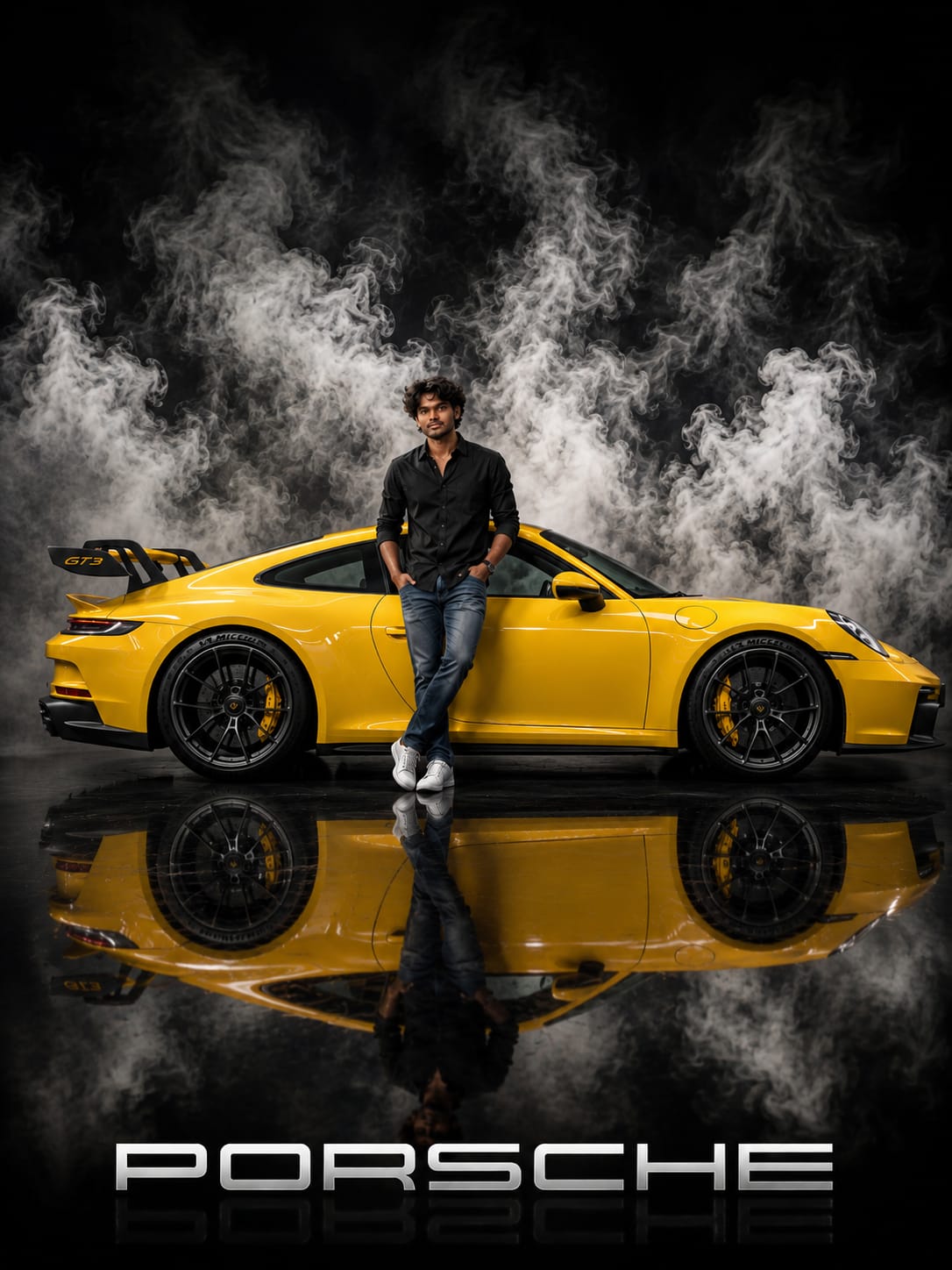 Luxury automotive advertisement featuring a yellow Porsche 911 GT3 with a stylish young man, dramatic smoke background, reflective black floor, and cinematic studio lighting.