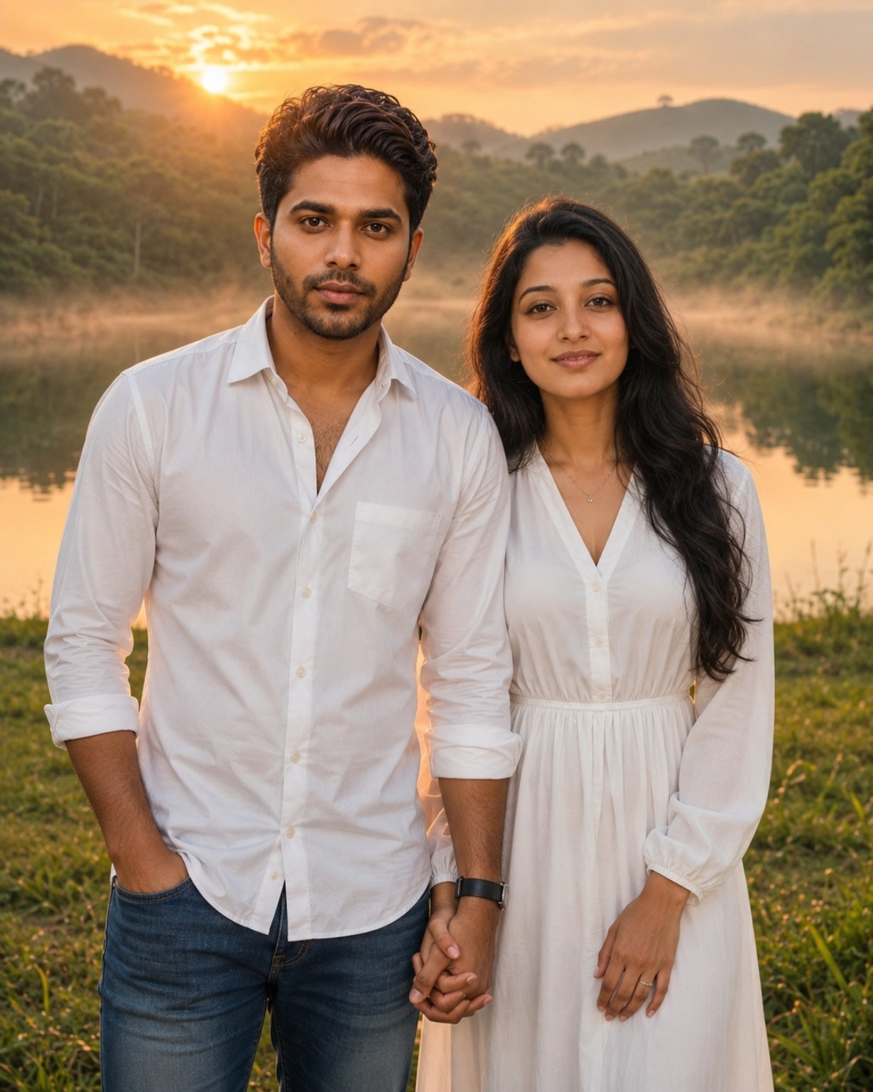Romantic couple standing beside a beautiful lakeside at sunrise, holding hands, smiling at the camera, with golden light and a dreamy cinematic atmosphere.
