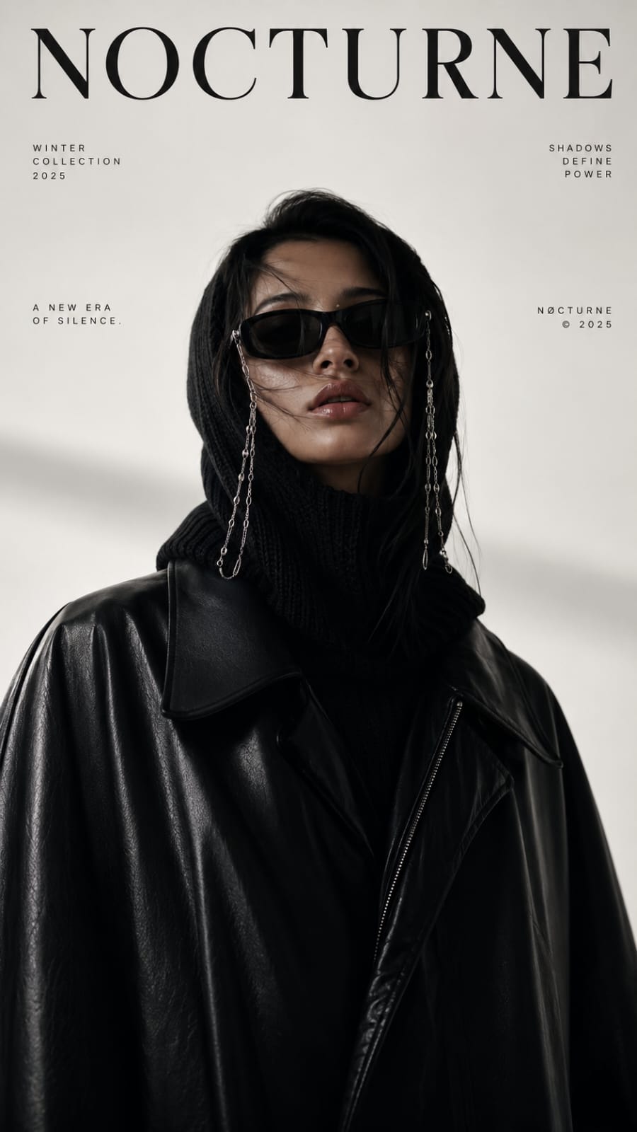 uturistic fashion portrait featuring a mysterious model wearing a black leather jacket, luxury sunglasses, and a knitted hood in a high-fashion editorial photoshoot.