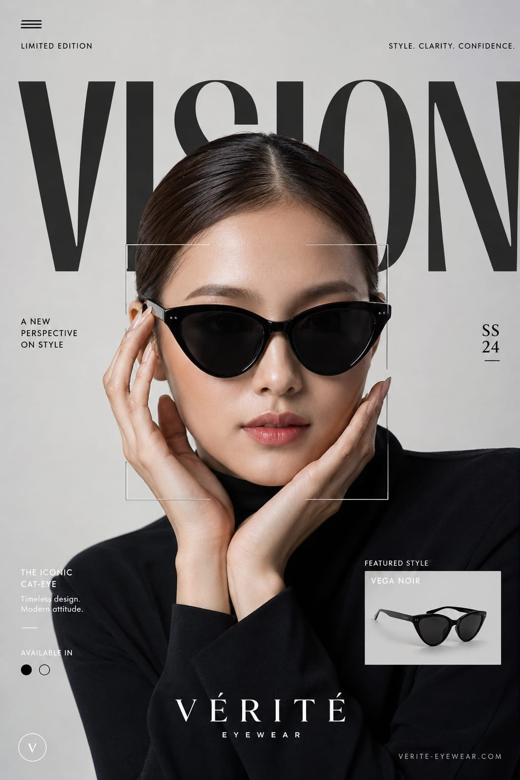 Beautiful female model wearing elegant black cat-eye sunglasses in a luxury fashion editorial advertisement with minimalist monochrome styling, premium beauty photography, and modern graphic design elements.