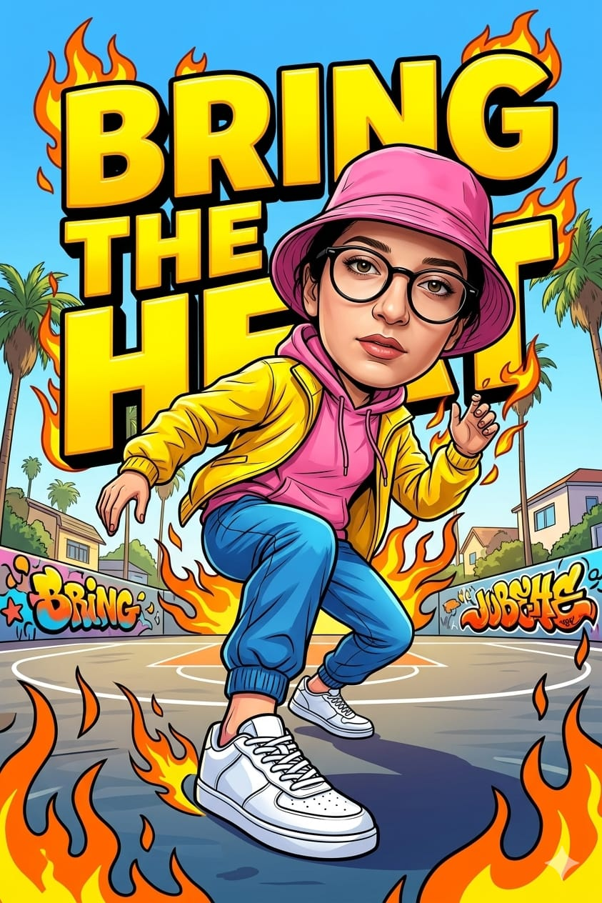 Comic-book style streetwear poster featuring a colorful fashion character, bold typography, cartoon flames, and urban pop-art design elements.