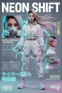 Cyberpunk fashion magazine cover featuring a futuristic female operative, holographic HUD elements, neon graphics, and sci-fi editorial design.