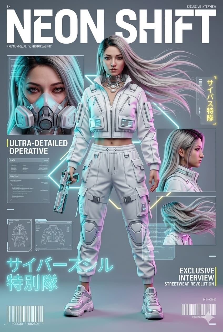 Cyberpunk fashion magazine cover featuring a futuristic female operative, holographic HUD elements, neon graphics, and sci-fi editorial design.