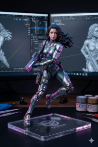 Cyberpunk collector figurine displayed on a transparent acrylic base with detailed metallic armor and professional studio photography.