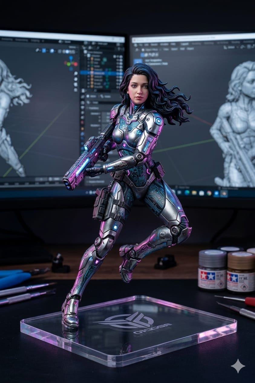 Cyberpunk collector figurine displayed on a transparent acrylic base with detailed metallic armor and professional studio photography.