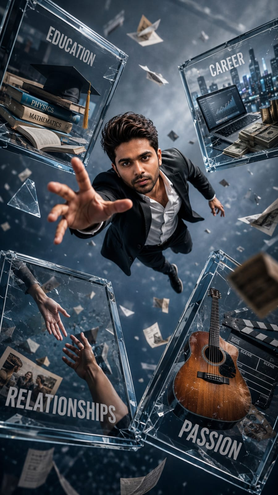 Surreal floating frame concept art showing a young man drifting through a minimalist space surrounded by giant glass frames representing education, career, relationships, and passion.