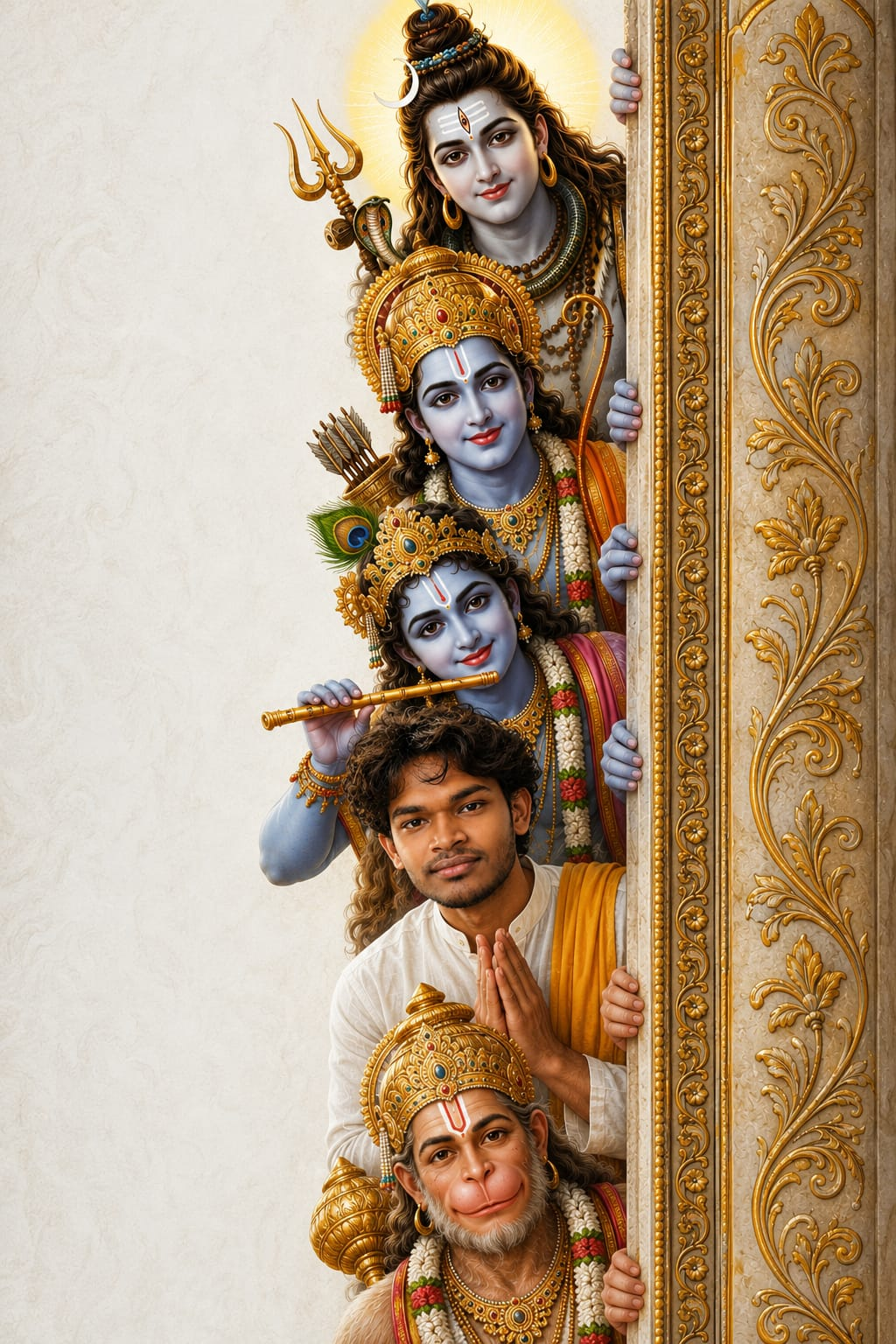 Devotional AI artwork featuring Lord Shiva, Lord Rama, Lord Krishna, and Hanuman with a young devotee in the center, folded hands, divine halos, and temple-inspired illustration style.