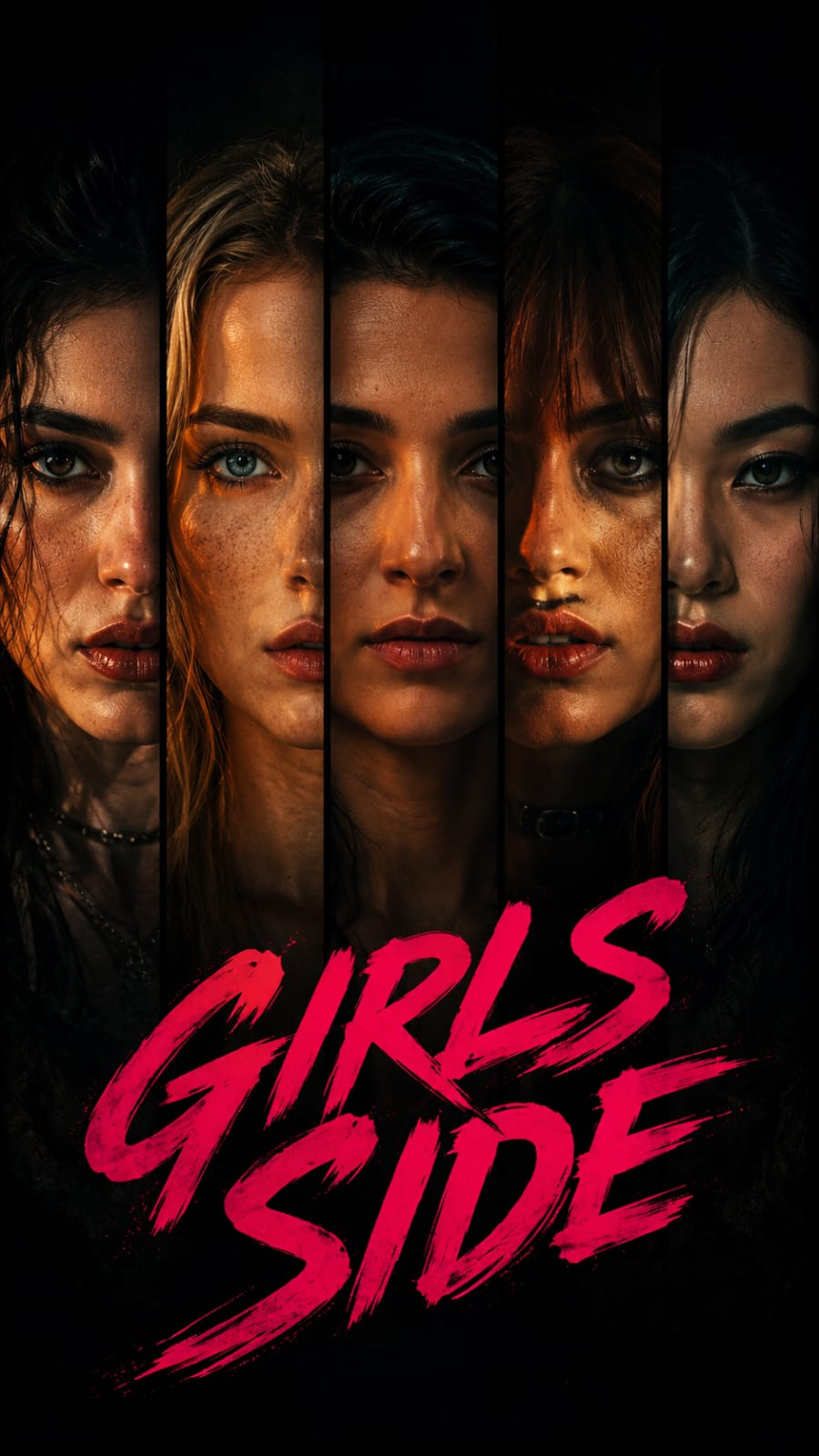 Dark cinematic thriller movie poster featuring five female faces aligned in vertical panel strips with dramatic lighting and bold pink title typography reading Girls Side.