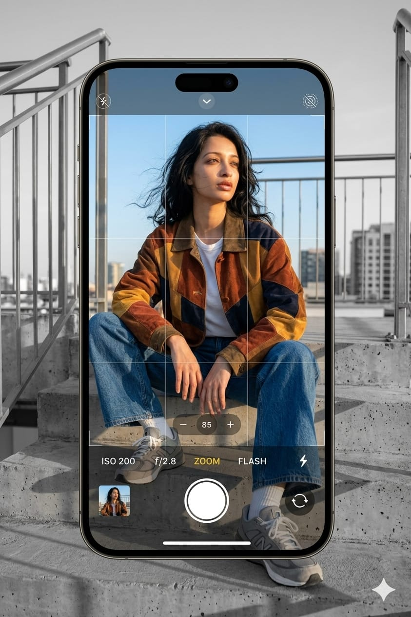 Fashion editorial portrait of a stylish woman on urban stairs wearing a patchwork suede jacket with a smartphone frame selective color photography effect.