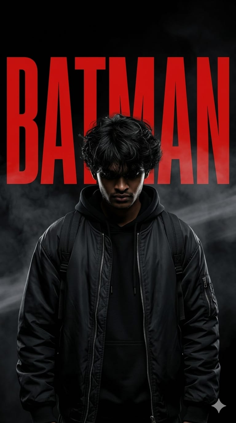 Dark cinematic movie poster featuring a mysterious vigilante wearing a black bomber jacket and hoodie with dramatic shadows and atmospheric smoke.
