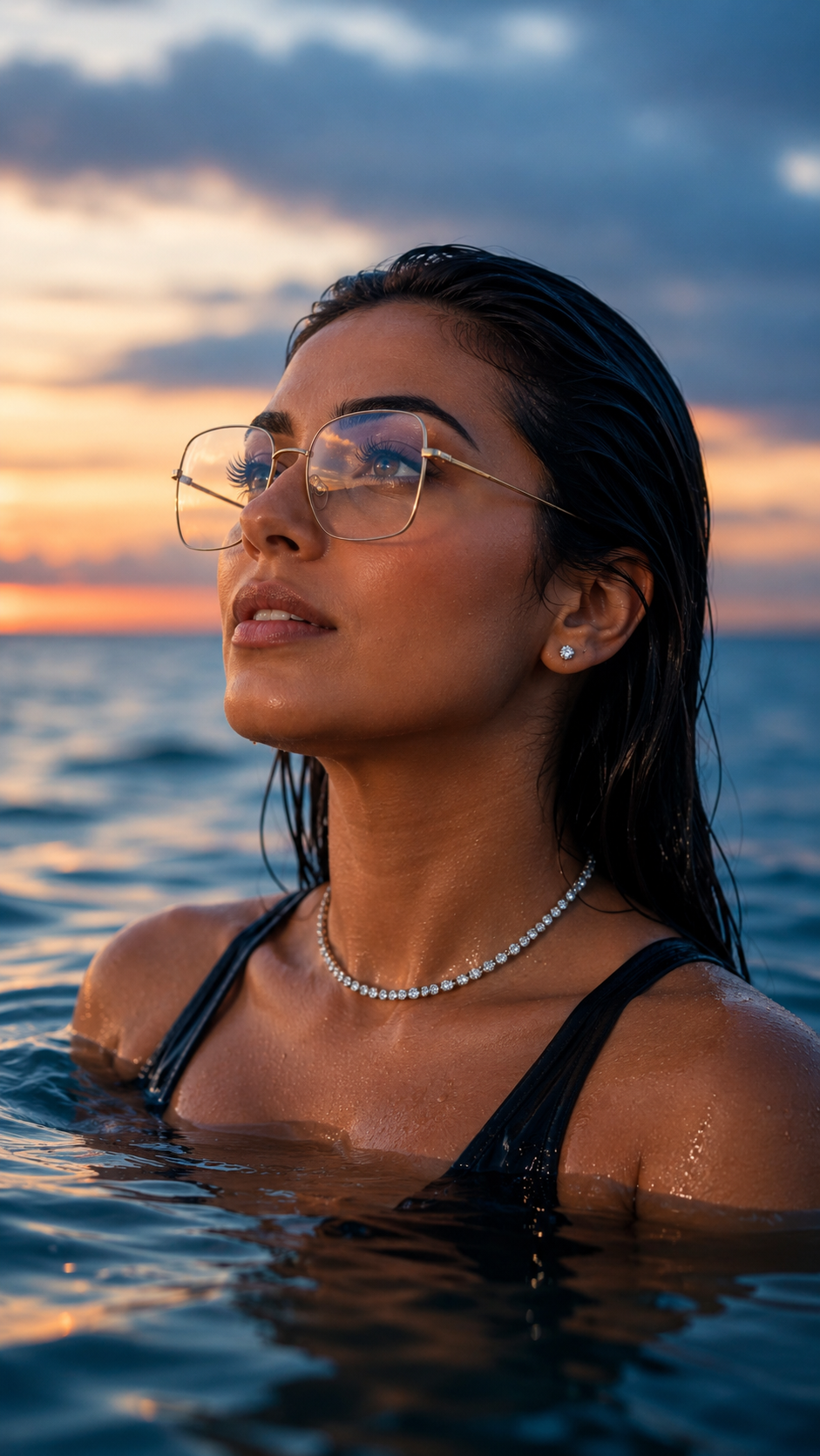 cinematic portrait of a beautiful young woman floating chest-deep
