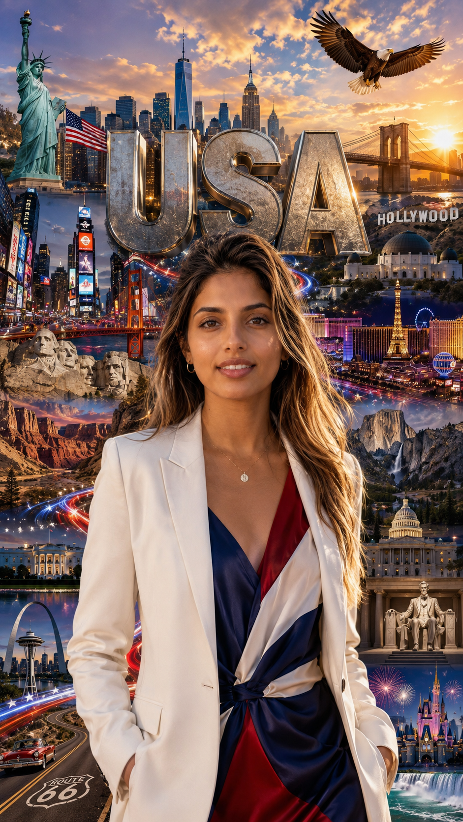 AI prompt for Young USA lady travel editorial prompt