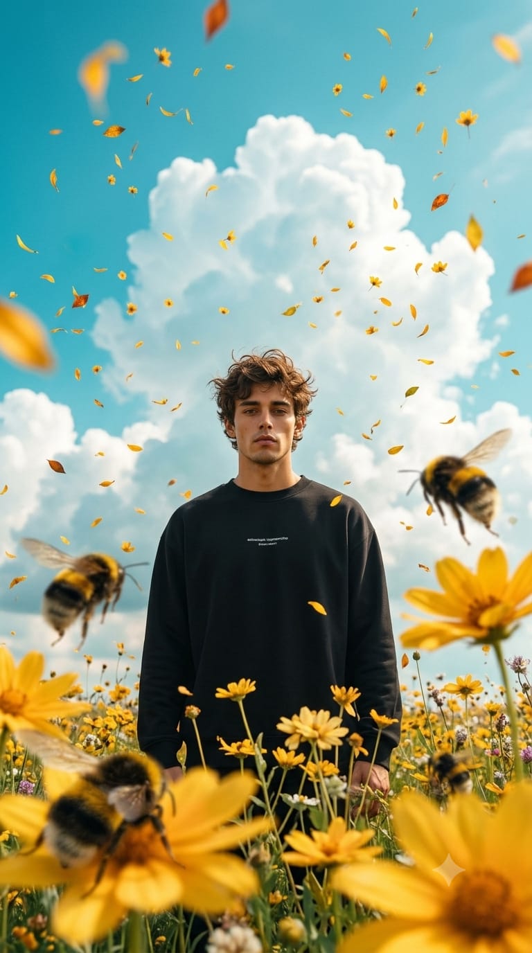 Ultra realistic fashion portrait of a handsome young man standing in a wildflower meadow with cinematic lighting and editorial photography.