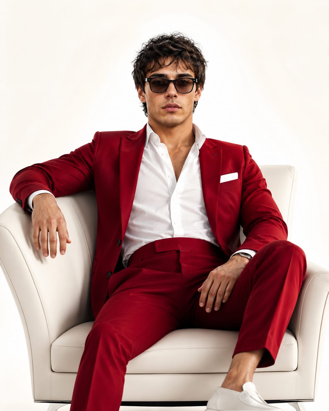 Ultra-realistic luxury fashion editorial portrait of a confident man in a deep red designer suit seated on a premium white chair with exact facial identity preservation.