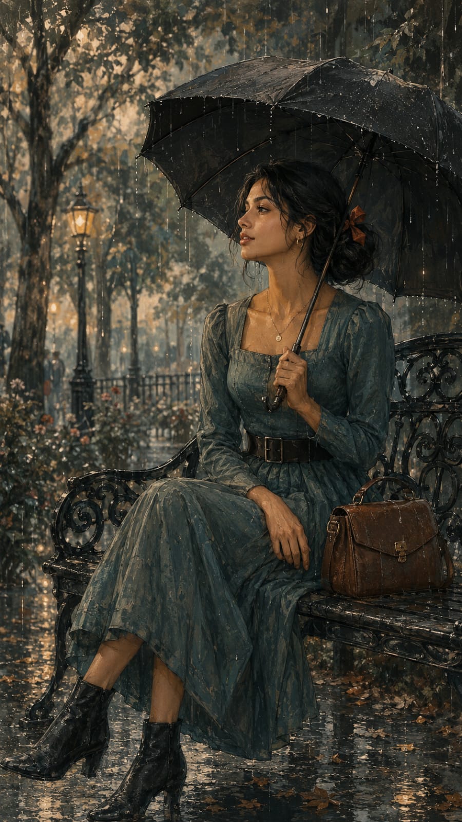Vintage Rainy Park Illustration AI Prompt