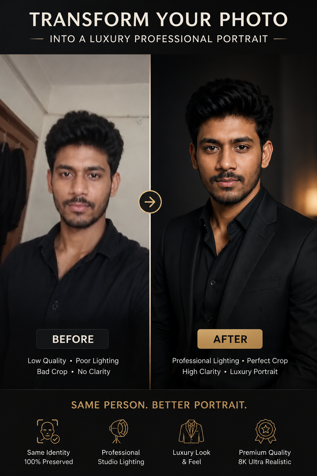 AI professional headshot prompt before and after comparison showing a low-quality selfie transformed into a luxury executive portrait while preserving facial identity.