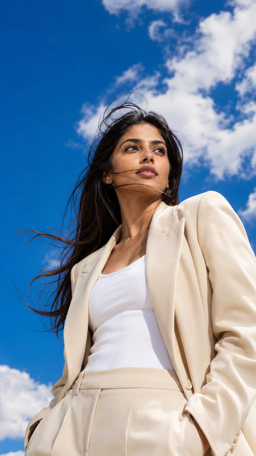 Ultra realistic outdoor fashion portrait of a stylish young woman wearing a beige blazer under a blue sky with cinematic editorial photography.