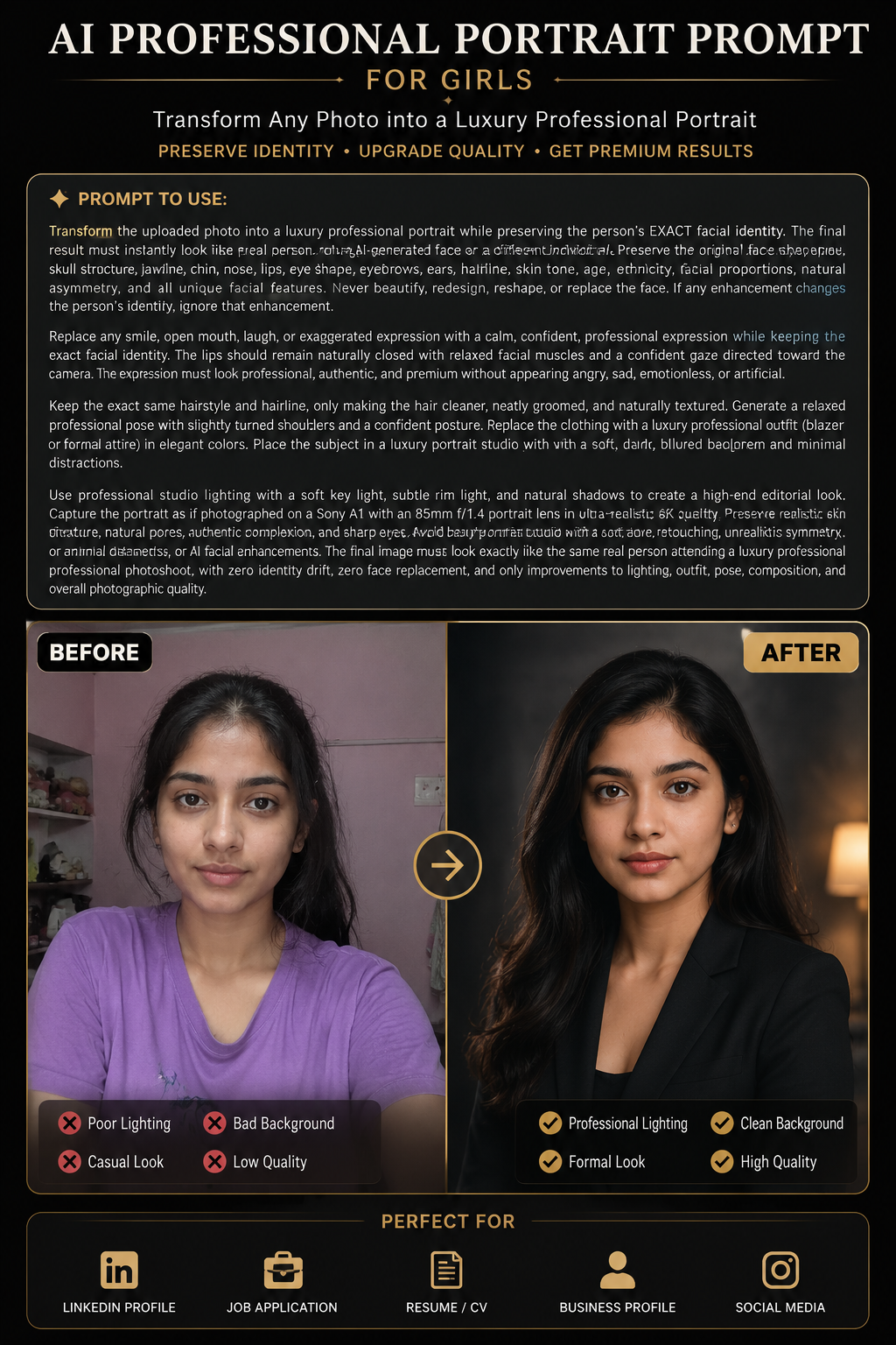 AI Professional Portrait Prompt for Girls Before and After