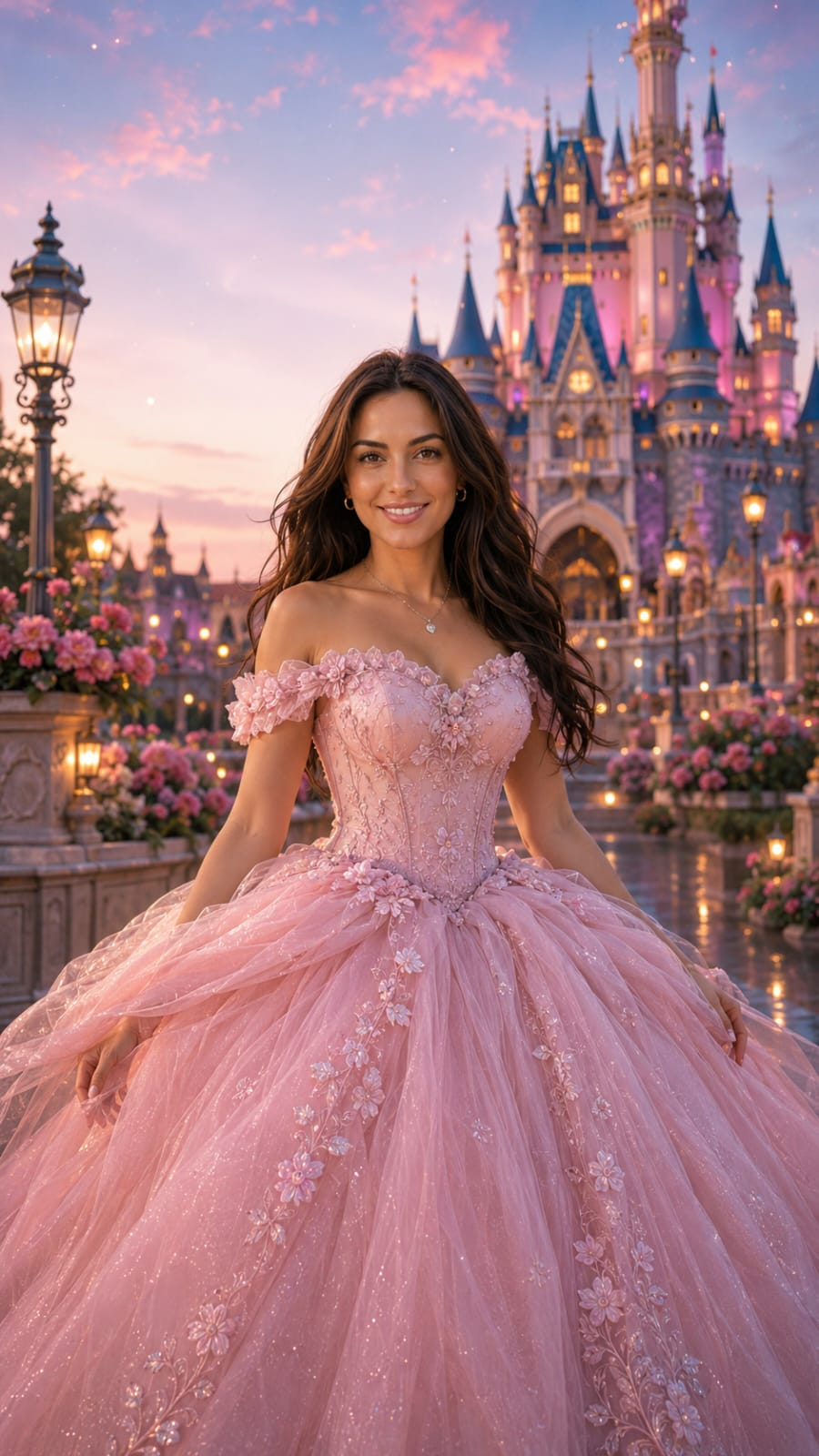 Ultra realistic princess fashion portrait of a beautiful young woman wearing a luxurious pink royal gown in front of a magical fairytale castle.