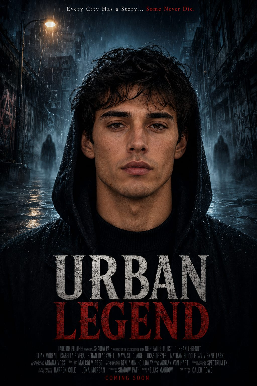 Ultra realistic horror movie poster AI prompt featuring cinematic rain, fog, abandoned city alley, and Hollywood horror atmosphere