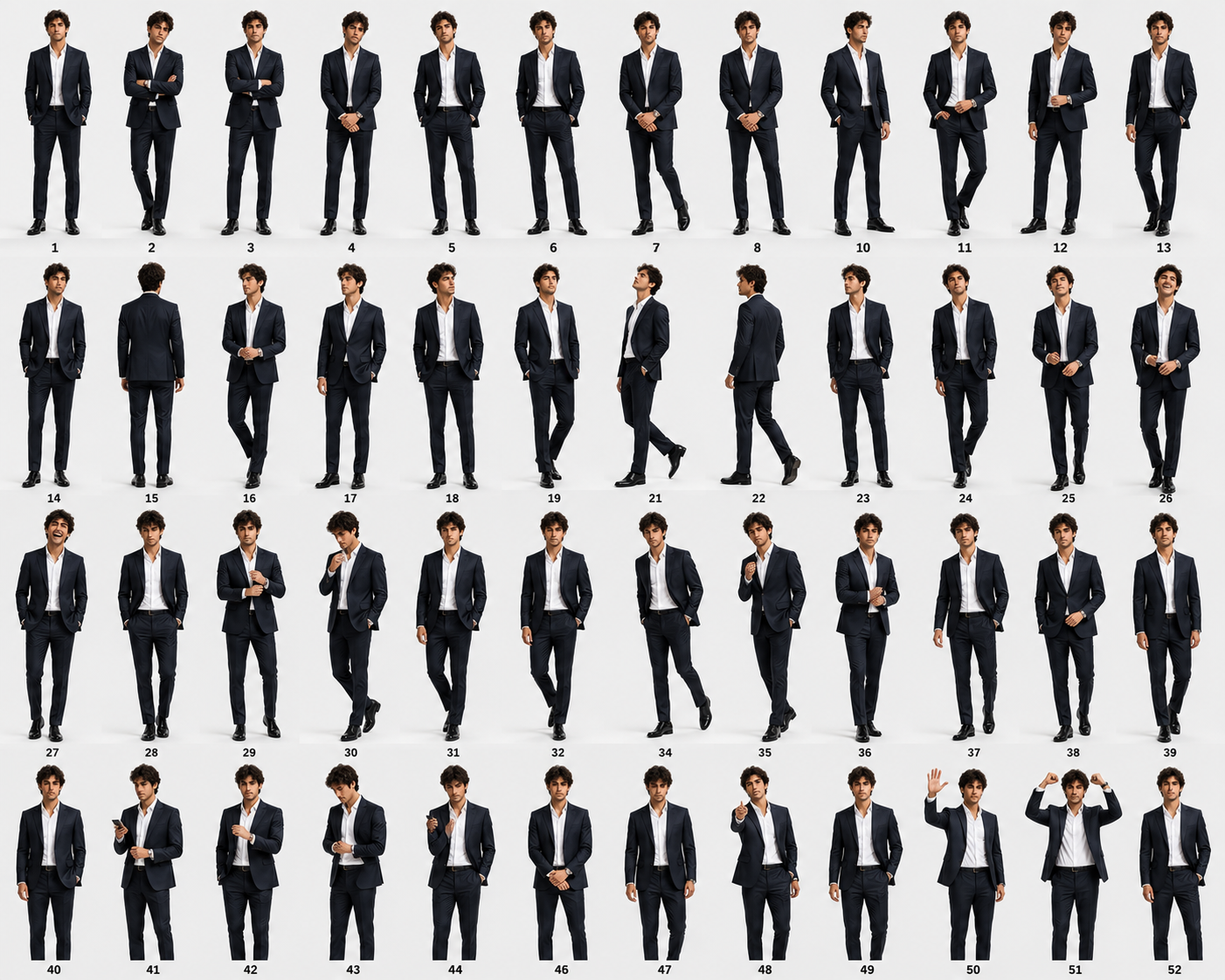Photorealistic male business model character reference sheet showing 52 unique full-body poses in a luxury black suit with consistent face and studio photography.