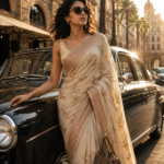 Luxury Saree Fashion Editorial Portrait Cinematic Golden Hour Vintage Car Photoshoot Prompt 1000300259