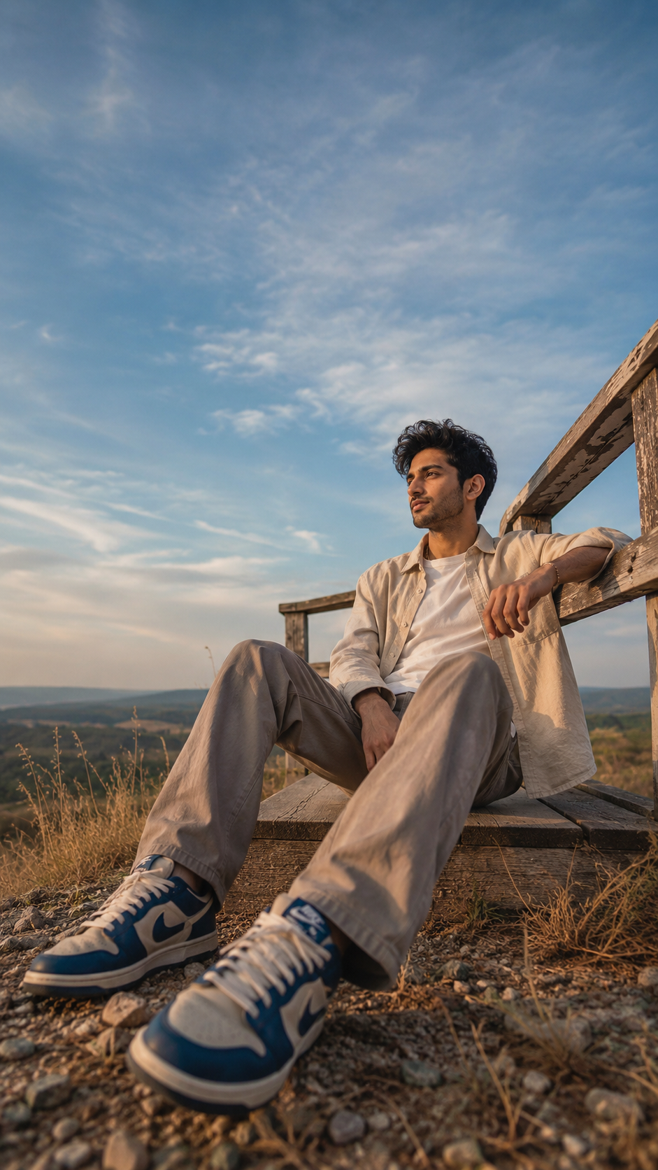 Young man wearing a neutral casual outfit in an open countryside setting