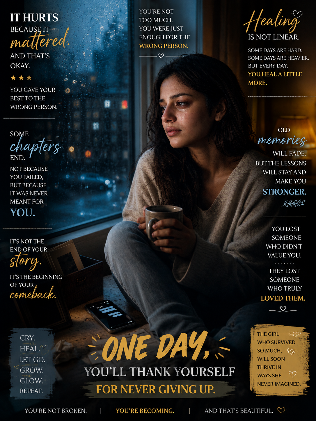 Cinematic breakup healing AI image of a woman sitting beside a rainy window