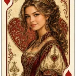 Queen of Hearts AI portrait created from a photo in vintage playing card style
