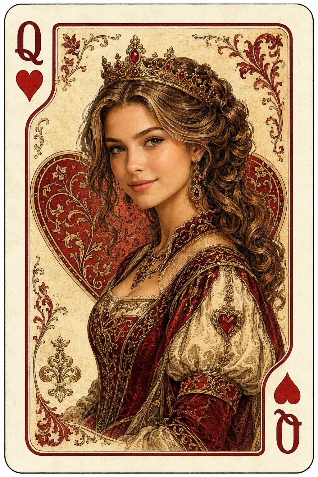 Queen of Hearts AI portrait created from a photo in vintage playing card style