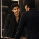 Cinematic mirror portrait AI prompt showing a person in a black suit reflected in a large LED mirror