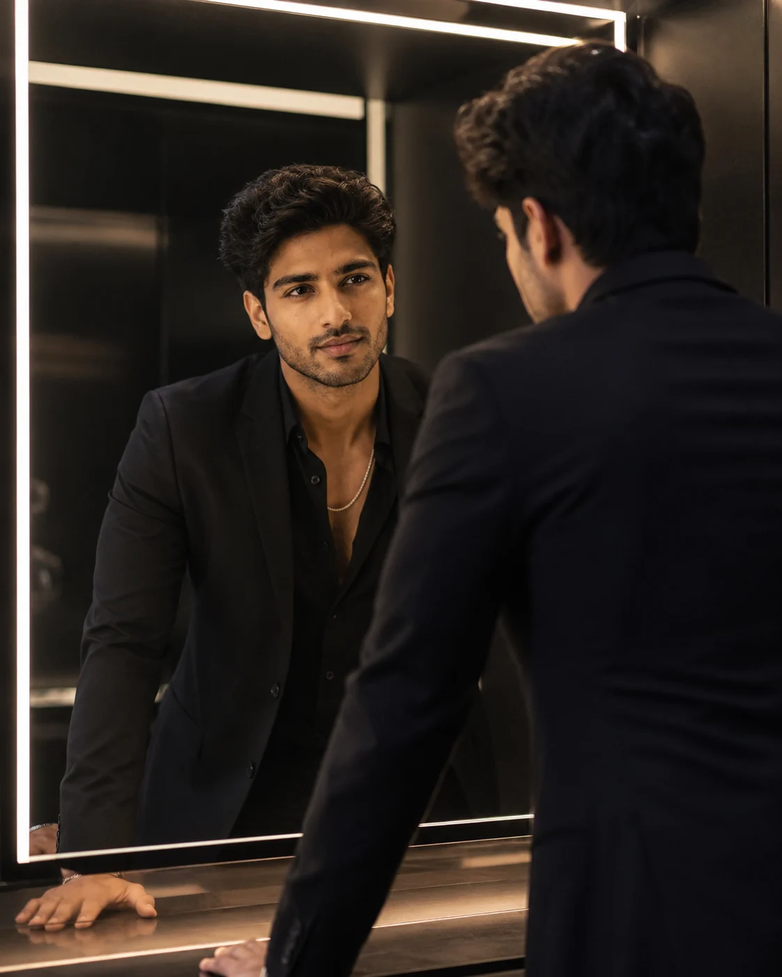 Cinematic mirror portrait AI prompt showing a person in a black suit reflected in a large LED mirror