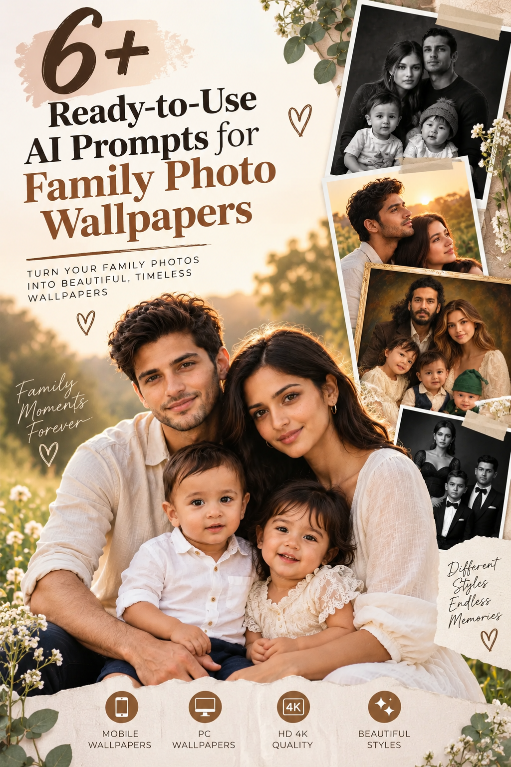 Collection of family photo wallpaper ideas created with AI, featuring cinematic portraits, vintage oil paintings, black-and-white family photography, and elegant studio-style family portraits.