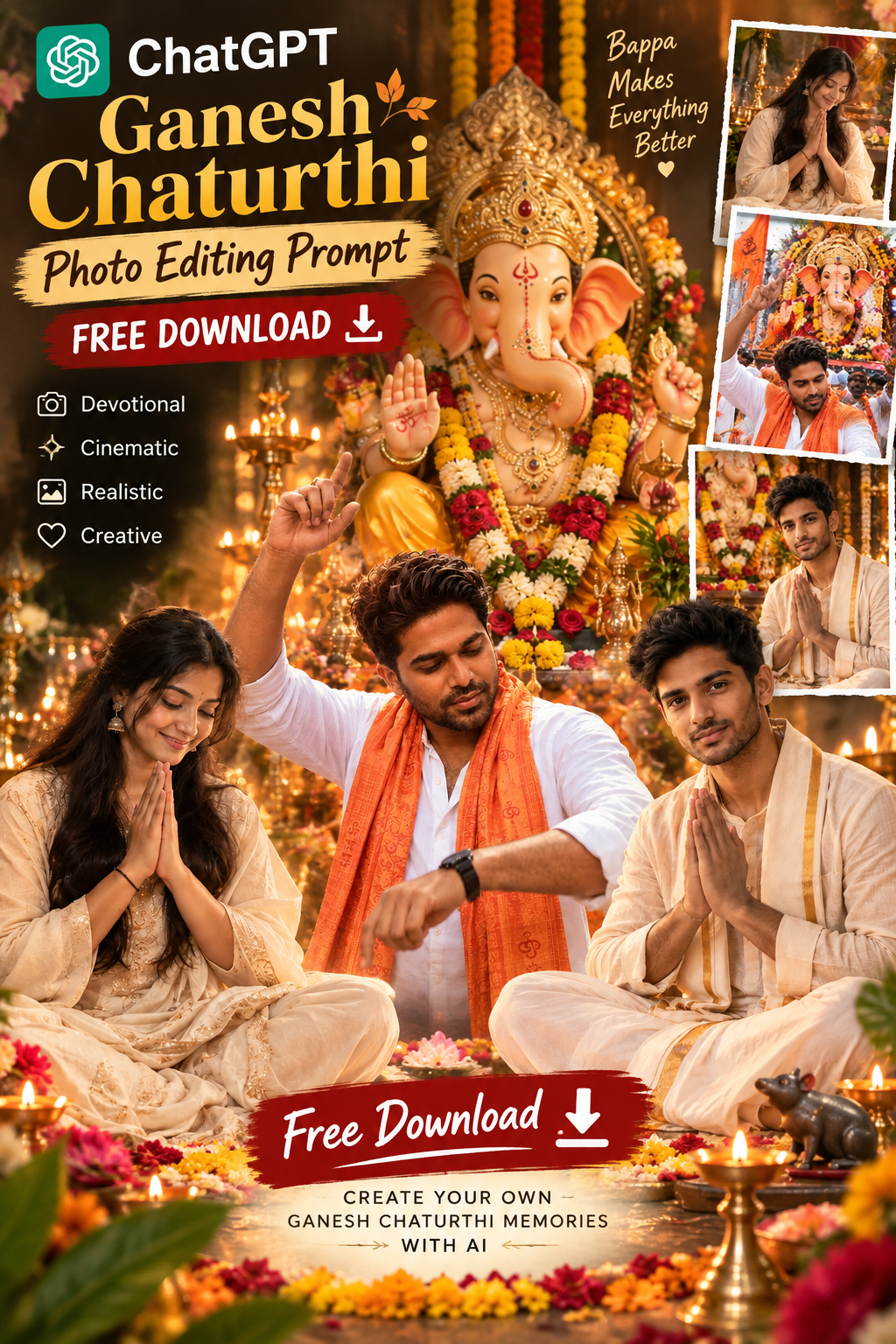 Ganesh Chaturthi AI photo editing prompt showing a man praying in front of Lord Ganesha